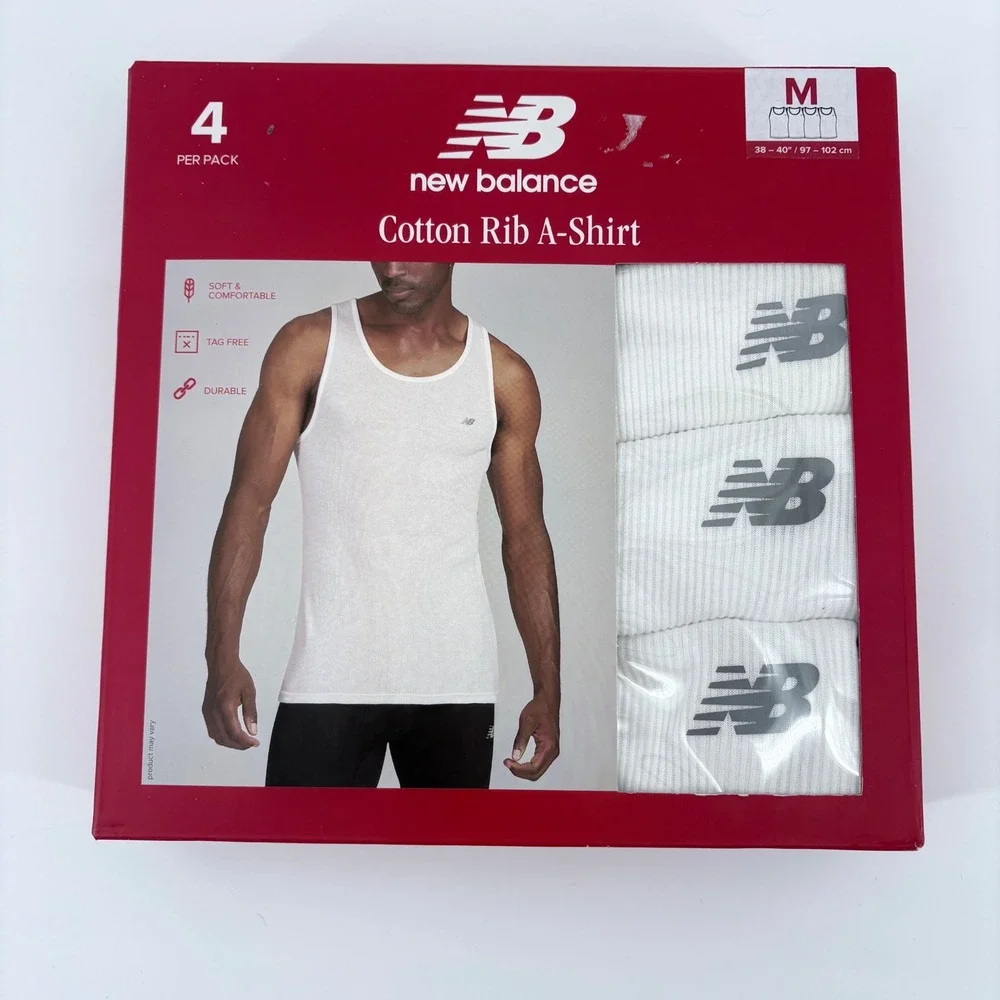 New Balance Mens 4 Pack A-Shirt Cotton Rib White Medium Tag Free Undershirts